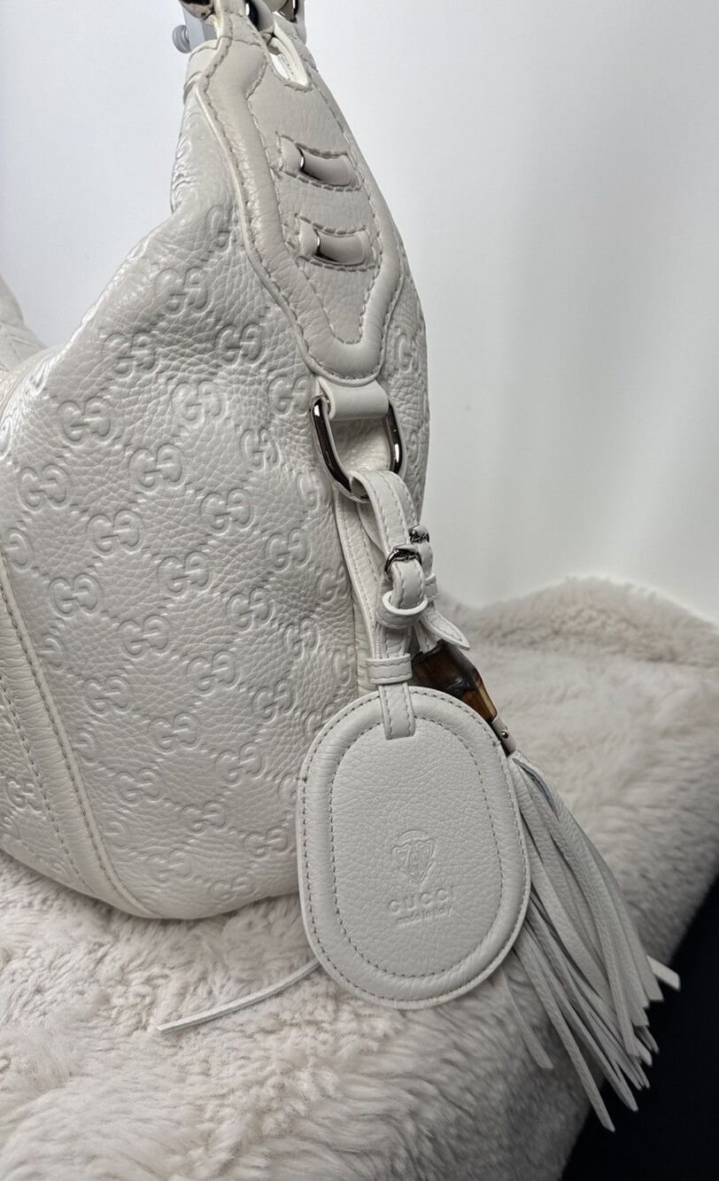 GUCCI GG SHW Techro Horsebit Medium Hobo Hand Bag 240216 Calfskin Leather White - Picture 3 of 16